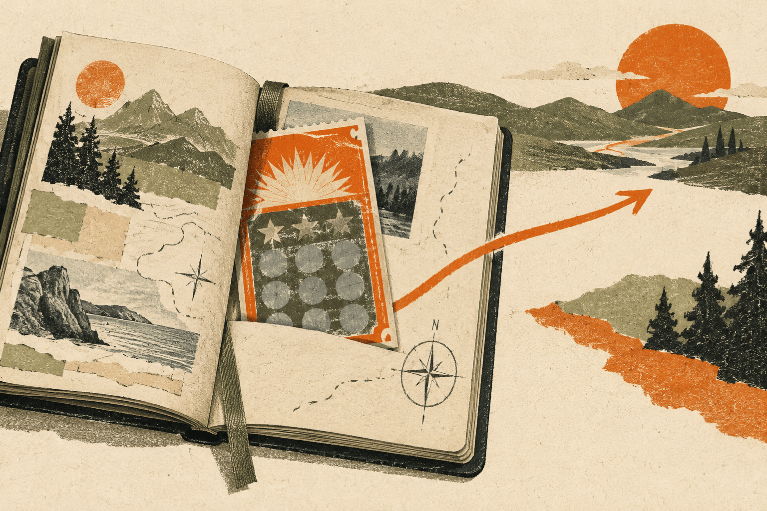 A cut-paper illustration of a lottery ticket tucked into an open travel journal, with an orange arrow leading toward the horizon.
